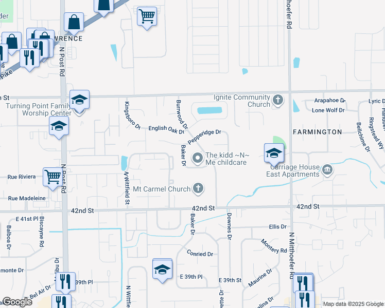 map of restaurants, bars, coffee shops, grocery stores, and more near 9526 Burrwood Court in Indianapolis
