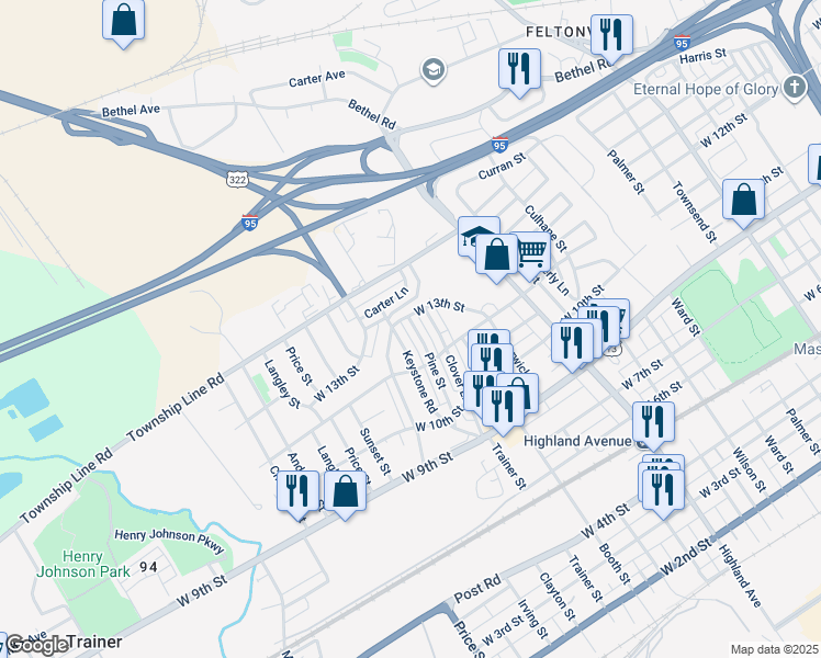 map of restaurants, bars, coffee shops, grocery stores, and more near 1236 Pine Lane in Chester