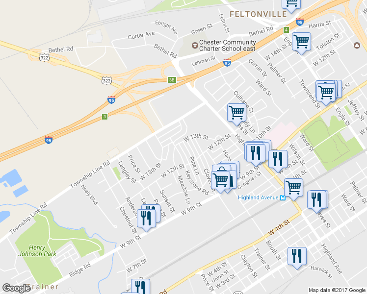 map of restaurants, bars, coffee shops, grocery stores, and more near 1236 Pine Lane in Chester