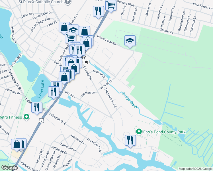 map of restaurants, bars, coffee shops, grocery stores, and more near 102 Frog Hollow Road in Lacey Township