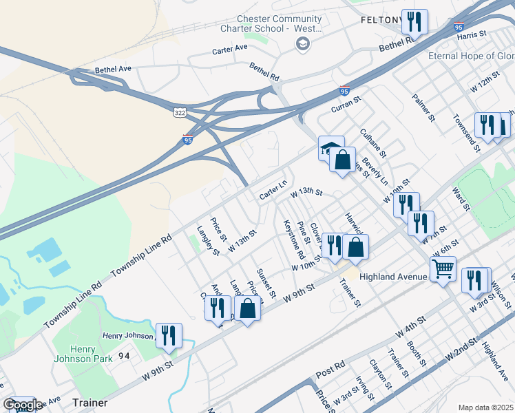 map of restaurants, bars, coffee shops, grocery stores, and more near 1300 Renshaw Road in Chester
