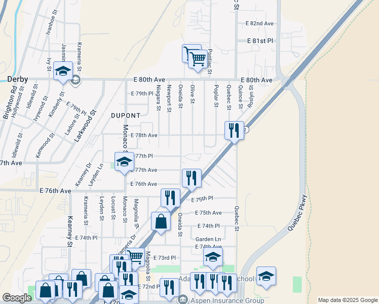 map of restaurants, bars, coffee shops, grocery stores, and more near 7731 Olive Street in Commerce City