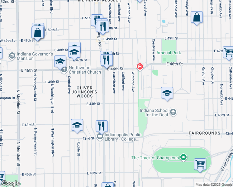 map of restaurants, bars, coffee shops, grocery stores, and more near 4435 Carrollton Ave in Indianapolis