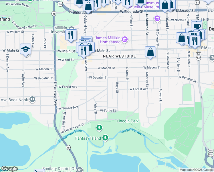 map of restaurants, bars, coffee shops, grocery stores, and more near 1001 West Forest Avenue in Decatur