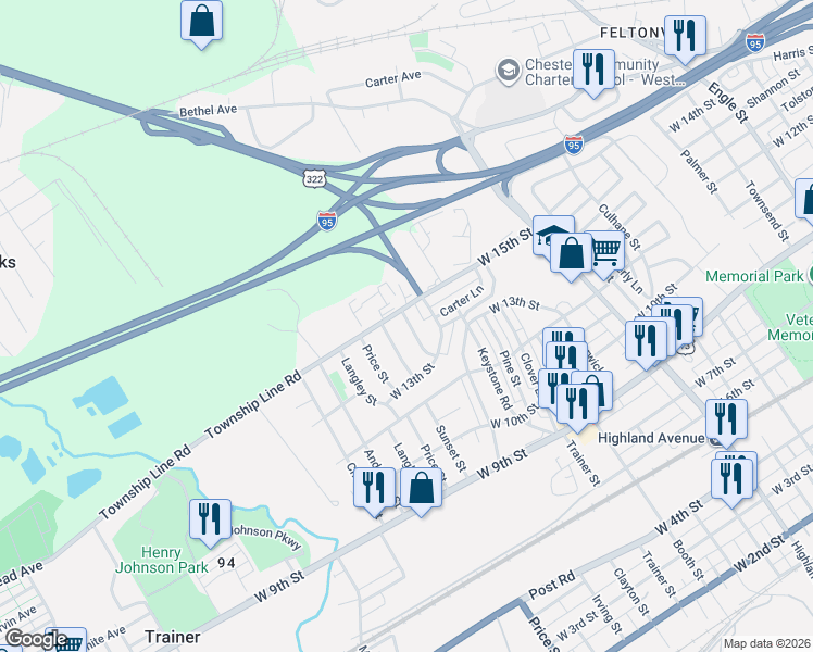 map of restaurants, bars, coffee shops, grocery stores, and more near 1344 Forrest Street in Trainer