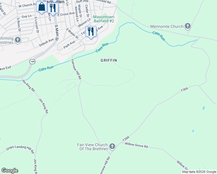 map of restaurants, bars, coffee shops, grocery stores, and more near 5 Mack Farm Road in Masontown