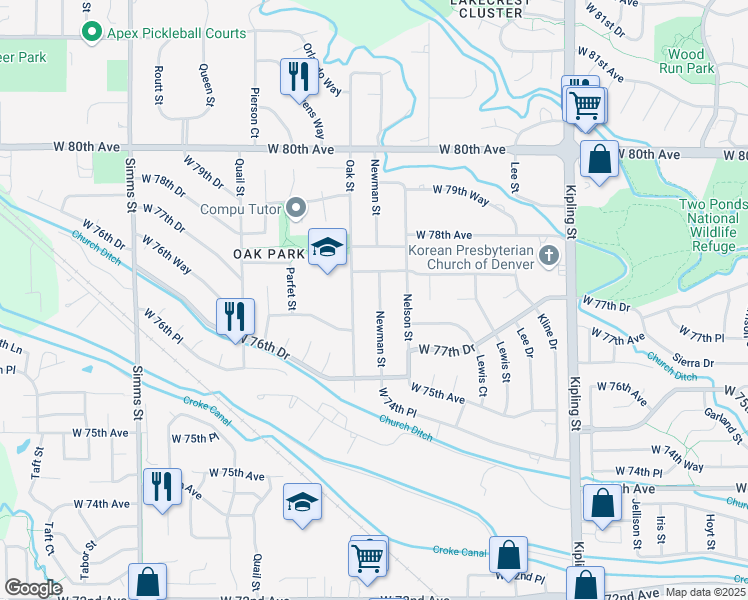 map of restaurants, bars, coffee shops, grocery stores, and more near 7737 Newman Street in Arvada