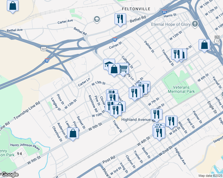 map of restaurants, bars, coffee shops, grocery stores, and more near 3009 West 12th Street in Chester