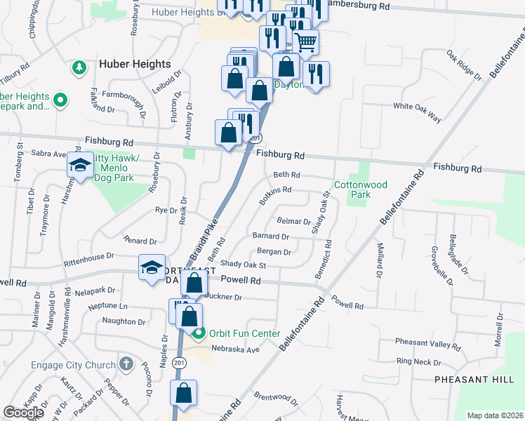 map of restaurants, bars, coffee shops, grocery stores, and more near 5646 Botkins Road in Huber Heights