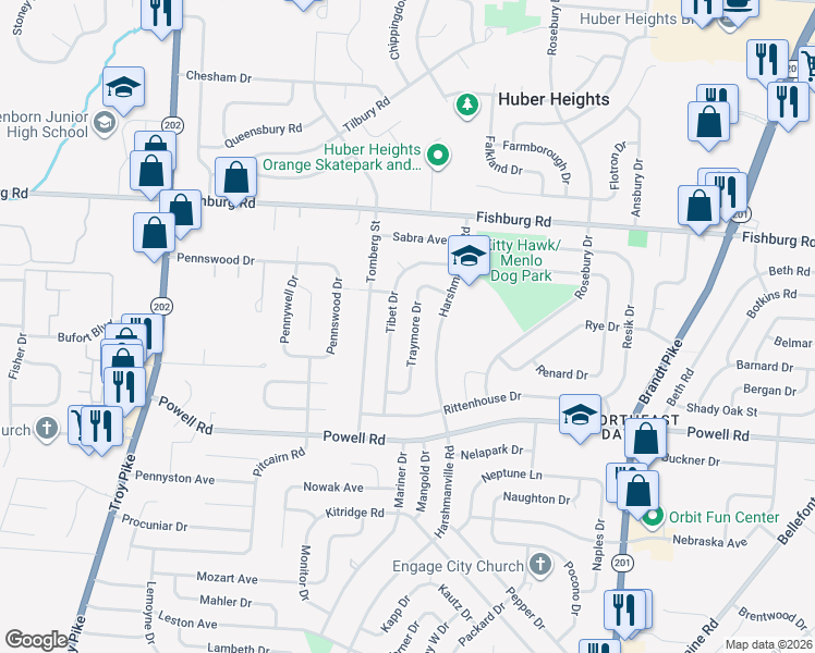 map of restaurants, bars, coffee shops, grocery stores, and more near 5751 Traymore Drive in Dayton