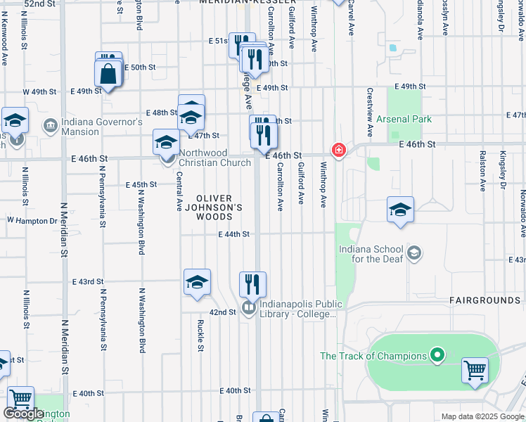 map of restaurants, bars, coffee shops, grocery stores, and more near 4435 North College Avenue in Indianapolis