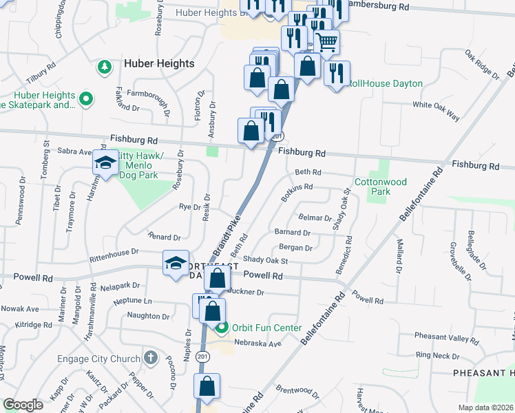 map of restaurants, bars, coffee shops, grocery stores, and more near 5745 Beth Road in Huber Heights