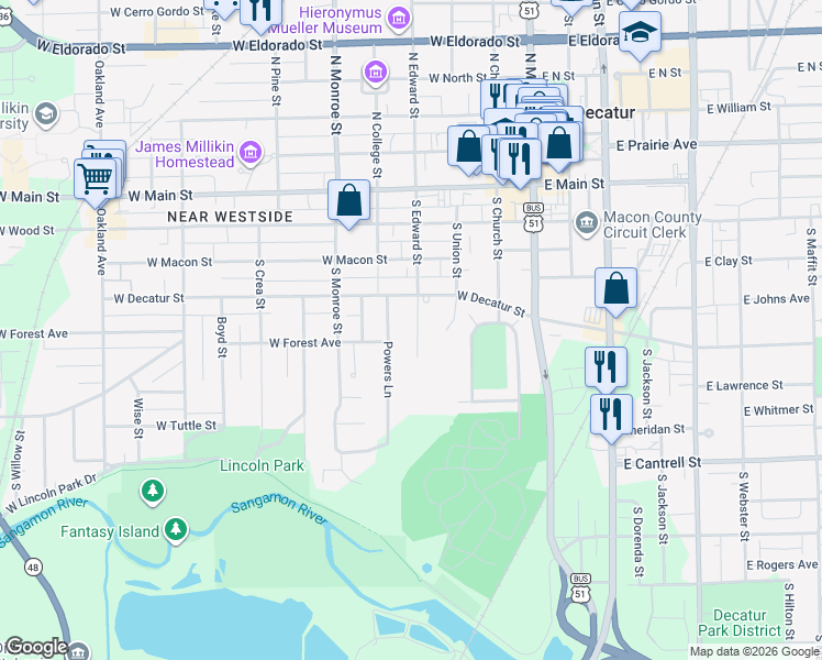 map of restaurants, bars, coffee shops, grocery stores, and more near 455 South Edward Street in Decatur