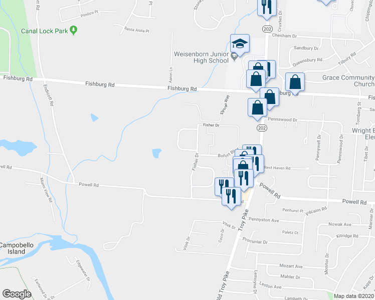 map of restaurants, bars, coffee shops, grocery stores, and more near 4520 Waynedale Circle in Dayton