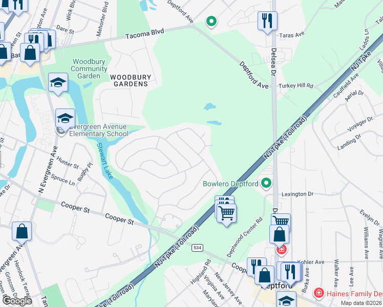 map of restaurants, bars, coffee shops, grocery stores, and more near 76 Knollwood Drive in Deptford
