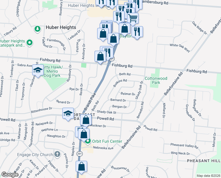 map of restaurants, bars, coffee shops, grocery stores, and more near 5646 Botkins Road in Huber Heights