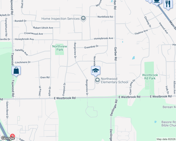map of restaurants, bars, coffee shops, grocery stores, and more near 6260 Rangeview Drive in Dayton