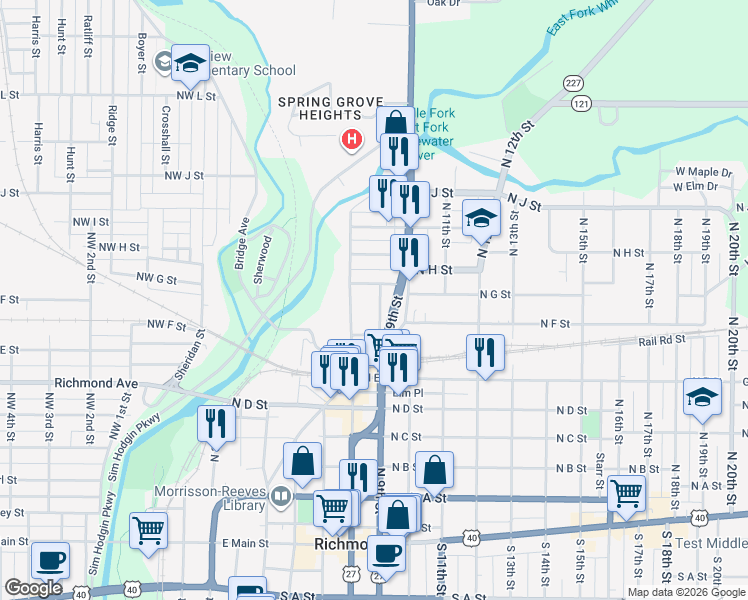 map of restaurants, bars, coffee shops, grocery stores, and more near 624 North 9th Street in Richmond