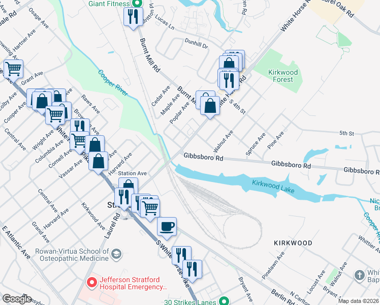 map of restaurants, bars, coffee shops, grocery stores, and more near 1109 Gibbsboro Road in Voorhees Township