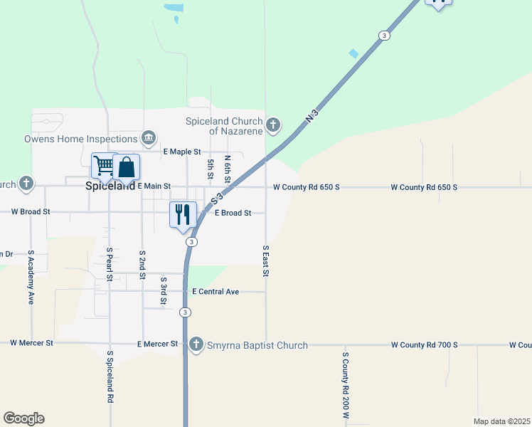map of restaurants, bars, coffee shops, grocery stores, and more near 201 South East Street in Spiceland