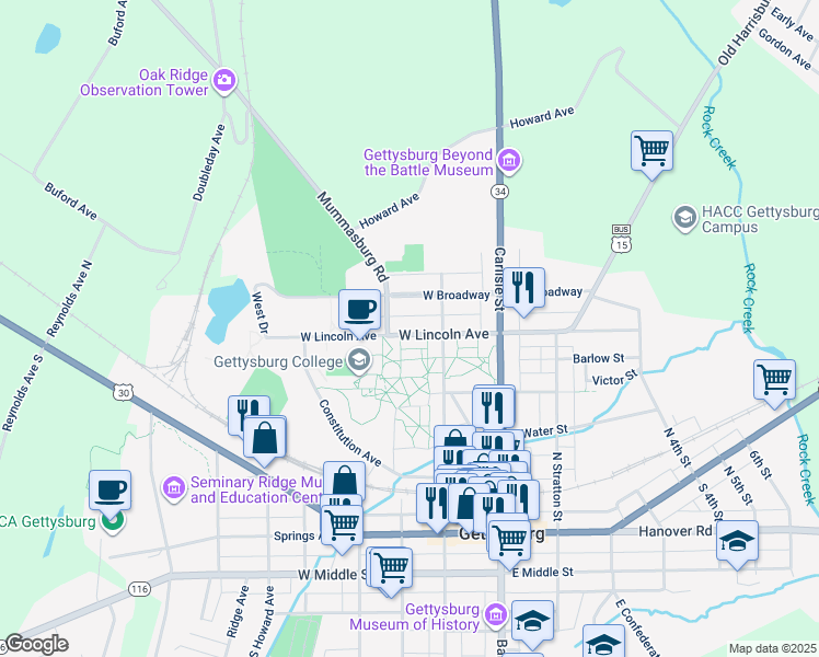map of restaurants, bars, coffee shops, grocery stores, and more near 133 West Lincoln Avenue in Gettysburg