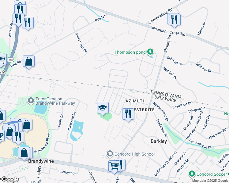 map of restaurants, bars, coffee shops, grocery stores, and more near 404 Delta Road in Wilmington
