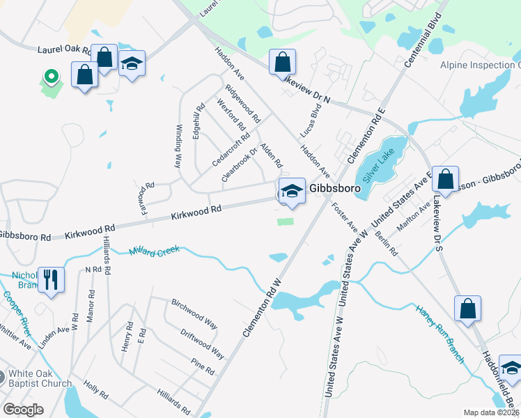 map of restaurants, bars, coffee shops, grocery stores, and more near 61 Kirkwood Road in Gibbsboro