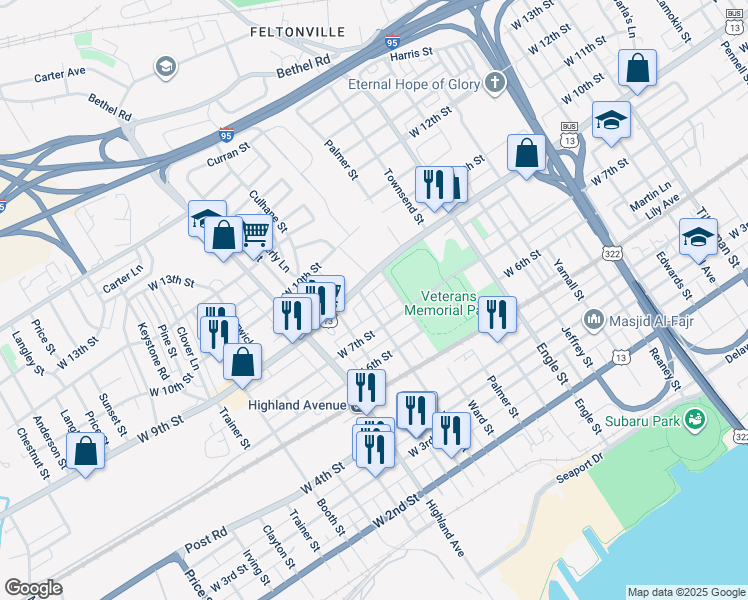 map of restaurants, bars, coffee shops, grocery stores, and more near 727 Wilson Street in Chester