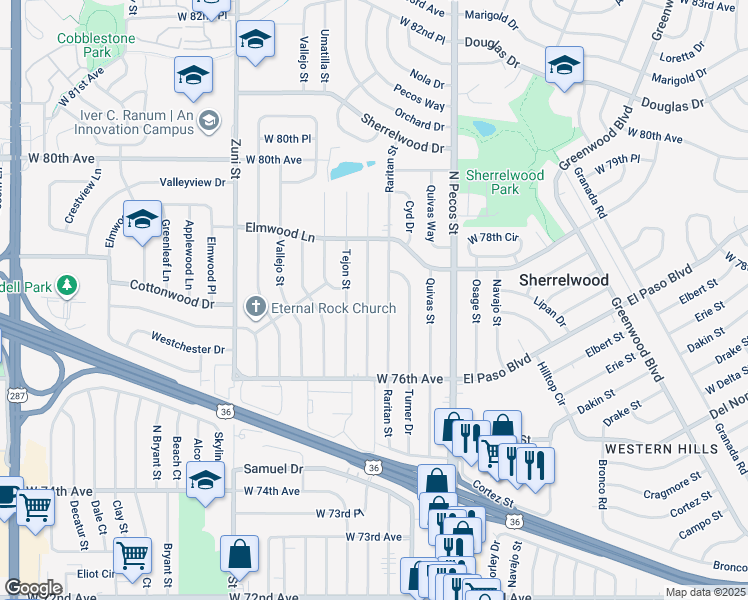 map of restaurants, bars, coffee shops, grocery stores, and more near 7733 Raritan Street in Denver
