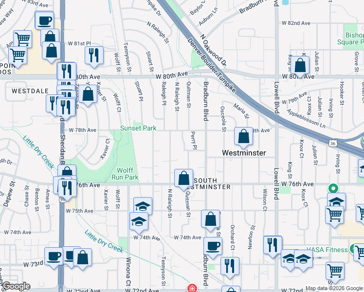 map of restaurants, bars, coffee shops, grocery stores, and more near 7730 Quitman Street in Westminster