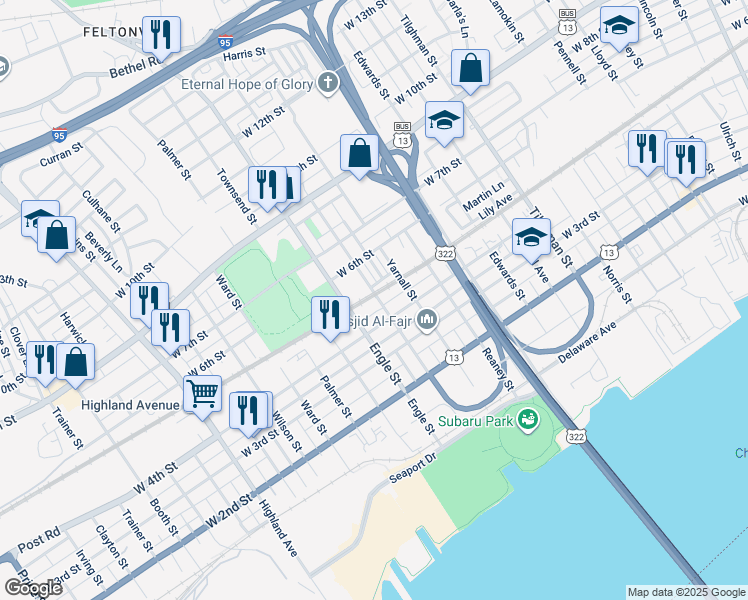 map of restaurants, bars, coffee shops, grocery stores, and more near 425 Engle Street in Chester