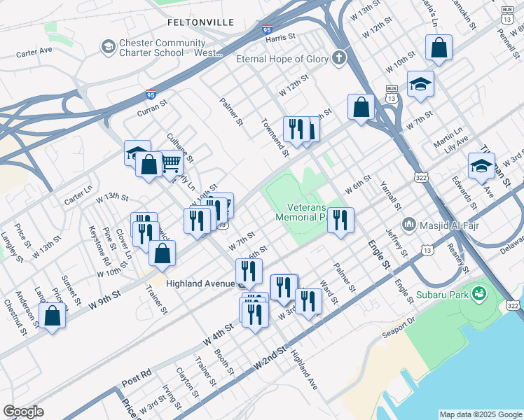 map of restaurants, bars, coffee shops, grocery stores, and more near 713 Mill Street in Chester