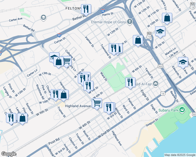 map of restaurants, bars, coffee shops, grocery stores, and more near 727 Wilson Street in Chester