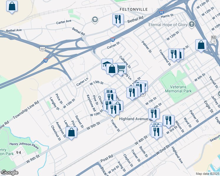 map of restaurants, bars, coffee shops, grocery stores, and more near 3009 West 12th Street in Chester