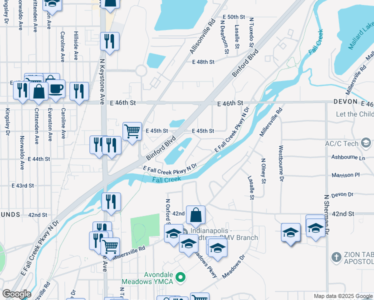 map of restaurants, bars, coffee shops, grocery stores, and more near 4352 Fall Creekway North in Indianapolis