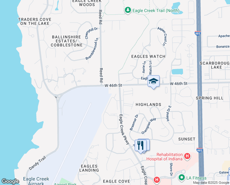 map of restaurants, bars, coffee shops, grocery stores, and more near 4540 Village Court in Indianapolis