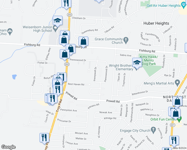 map of restaurants, bars, coffee shops, grocery stores, and more near 5753 Pennywell Drive in Dayton
