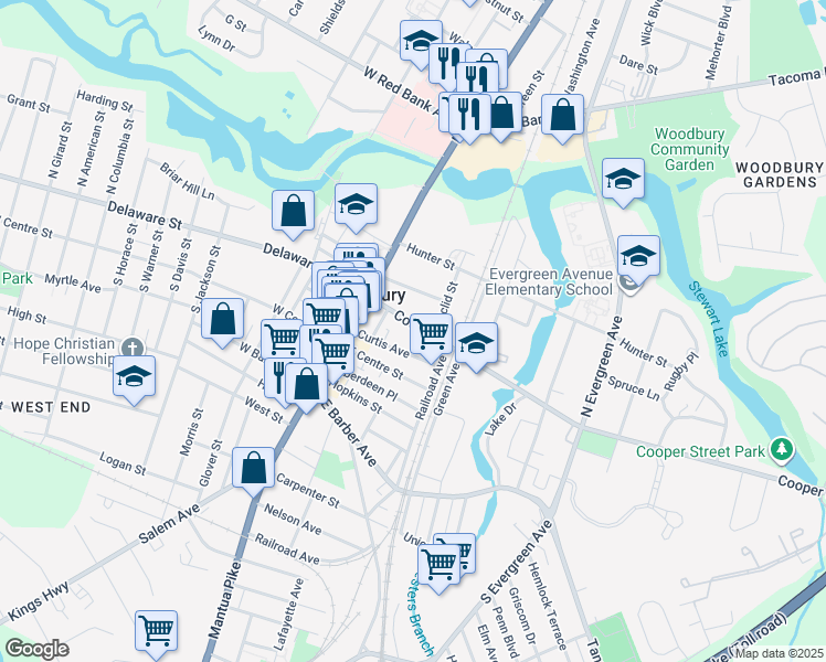 map of restaurants, bars, coffee shops, grocery stores, and more near 57 Cooper Street in Woodbury