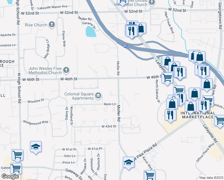 map of restaurants, bars, coffee shops, grocery stores, and more near 4456 West Moller Road in Indianapolis