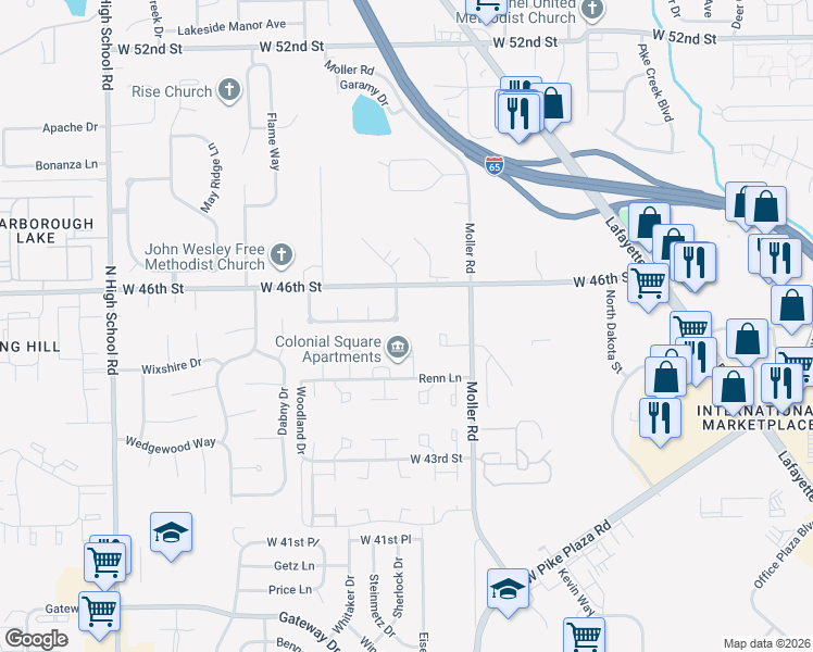 map of restaurants, bars, coffee shops, grocery stores, and more near 4523 Golden Meadow Drive in Indianapolis