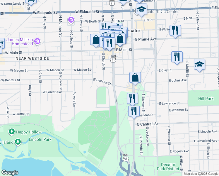 map of restaurants, bars, coffee shops, grocery stores, and more near 77 East Decatur Street in Decatur