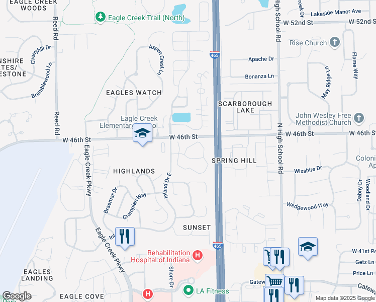 map of restaurants, bars, coffee shops, grocery stores, and more near 6721 Eagle Pointe Drive North in Indianapolis
