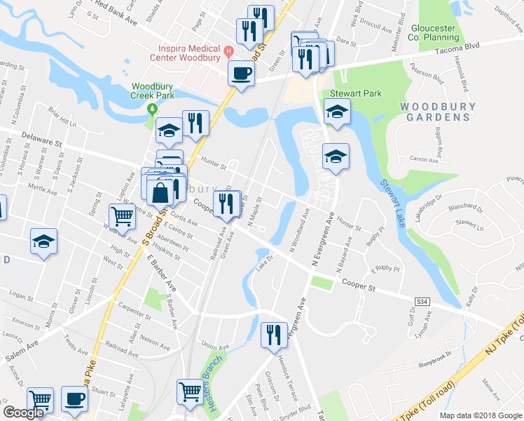 map of restaurants, bars, coffee shops, grocery stores, and more near 44 North Maple Street in Woodbury