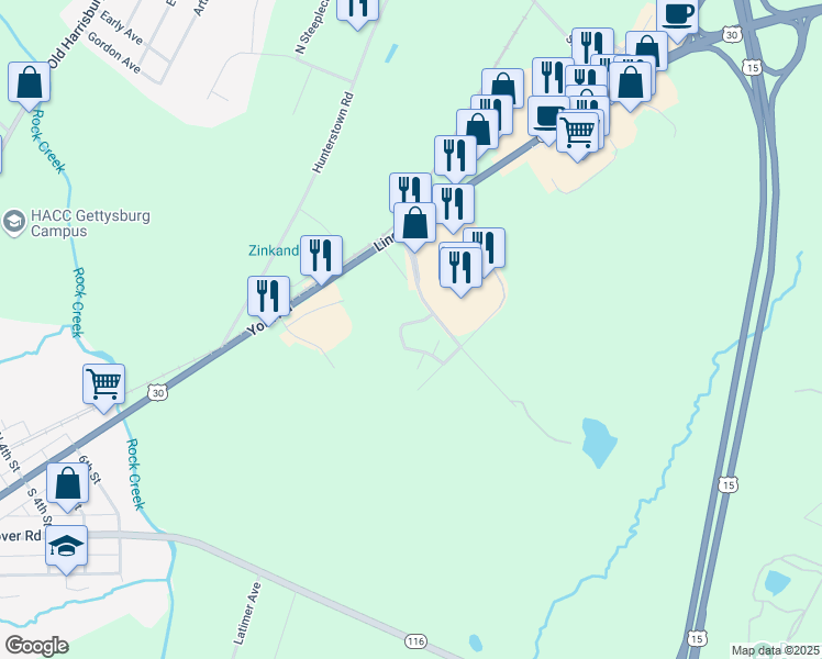 map of restaurants, bars, coffee shops, grocery stores, and more near 41 Natural Springs Road in Gettysburg