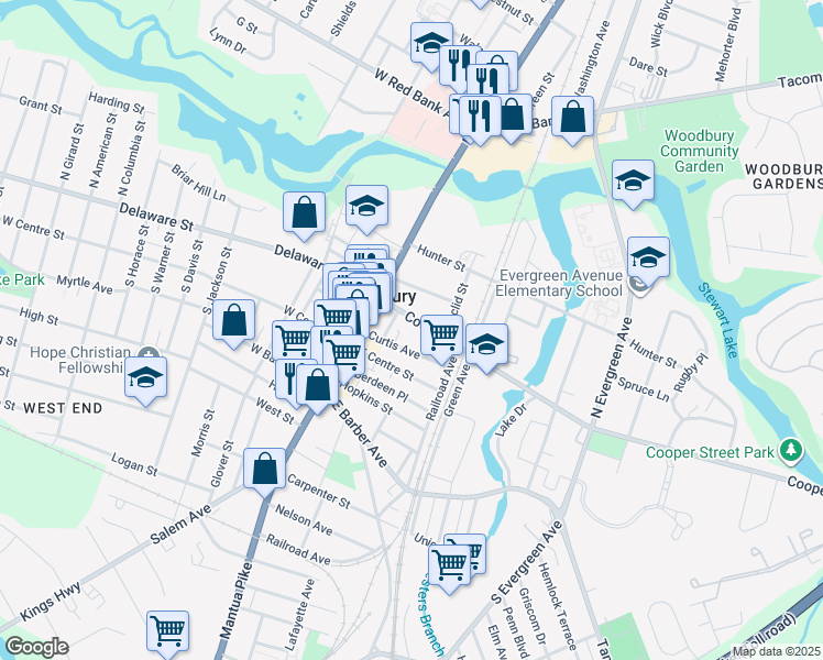 map of restaurants, bars, coffee shops, grocery stores, and more near 57 Cooper Street in Woodbury