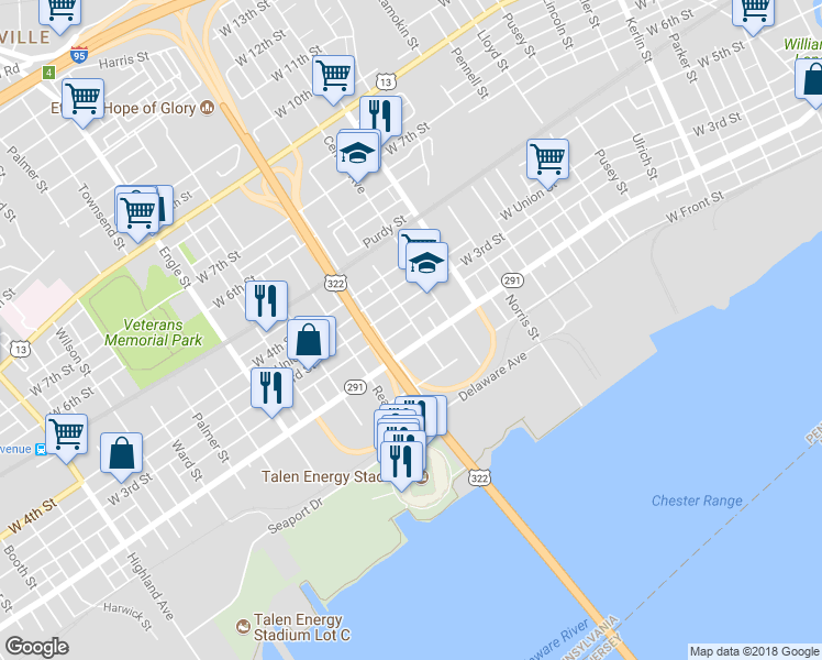 map of restaurants, bars, coffee shops, grocery stores, and more near 216 Edwards Street in Chester
