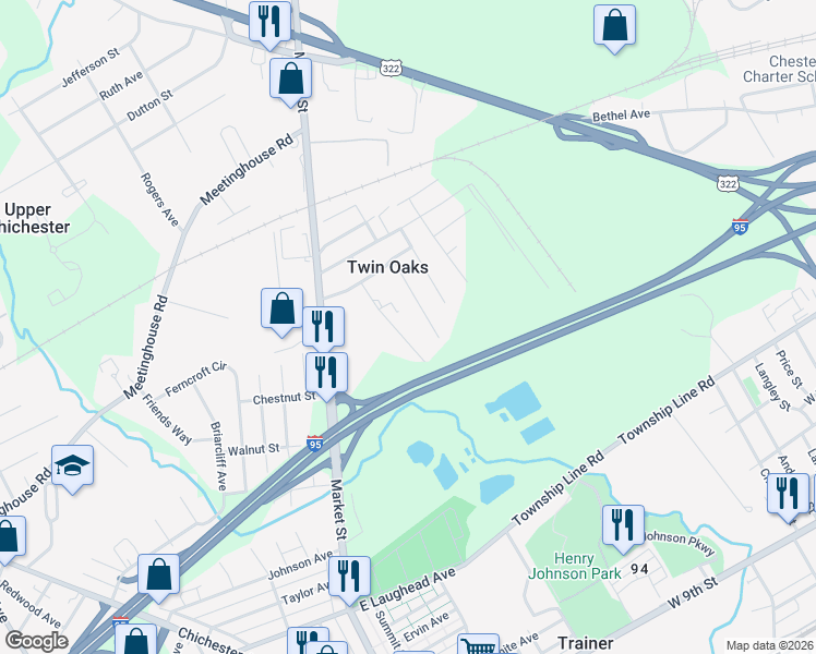 map of restaurants, bars, coffee shops, grocery stores, and more near 2361 Thomas Avenue in Aston