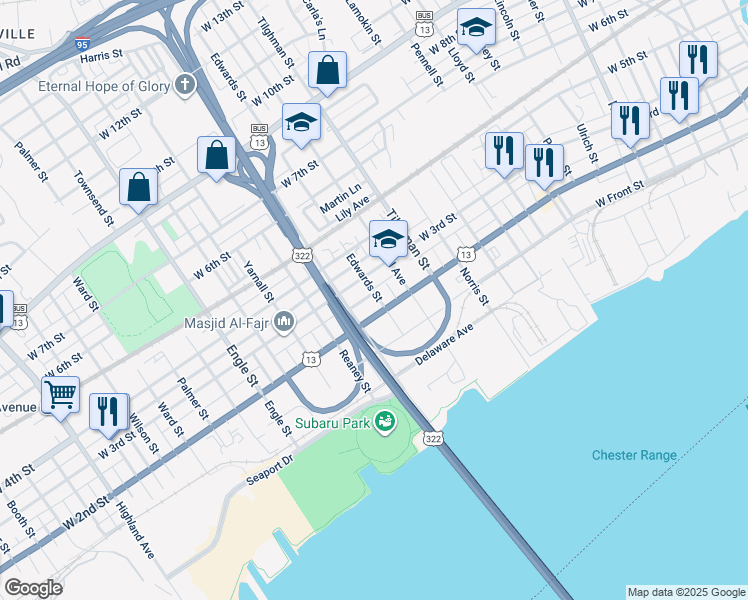 map of restaurants, bars, coffee shops, grocery stores, and more near 216 Edwards Street in Chester
