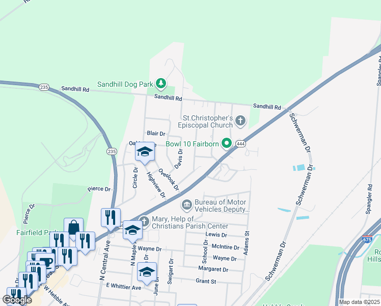 map of restaurants, bars, coffee shops, grocery stores, and more near 1308 Sunset Drive in Fairborn