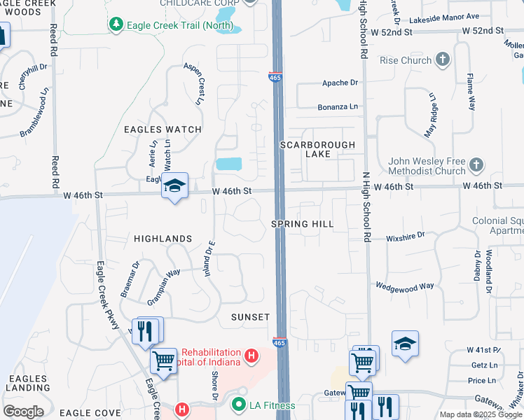 map of restaurants, bars, coffee shops, grocery stores, and more near 6612 Eagle Pointe Drive North in Indianapolis